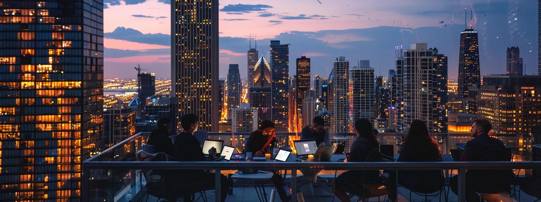 a bustling chicago skyline at dusk, showcasing a diverse group of focused app developers collaborating around a glowing laptop, illuminated by warm city lights reflecting innovation and teamwork.