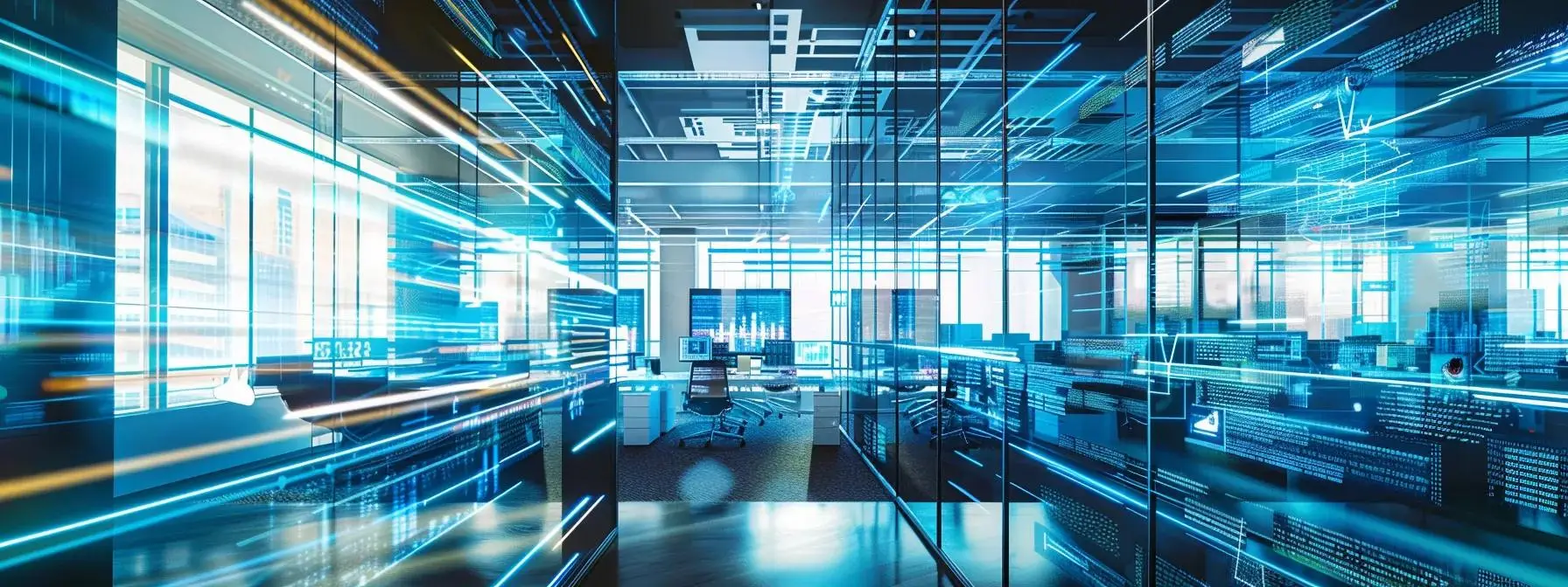 a dynamic office environment features sleek technology interfaces and streamlined workflows, illustrating the transformative impact of business automation on efficiency and cost reduction.