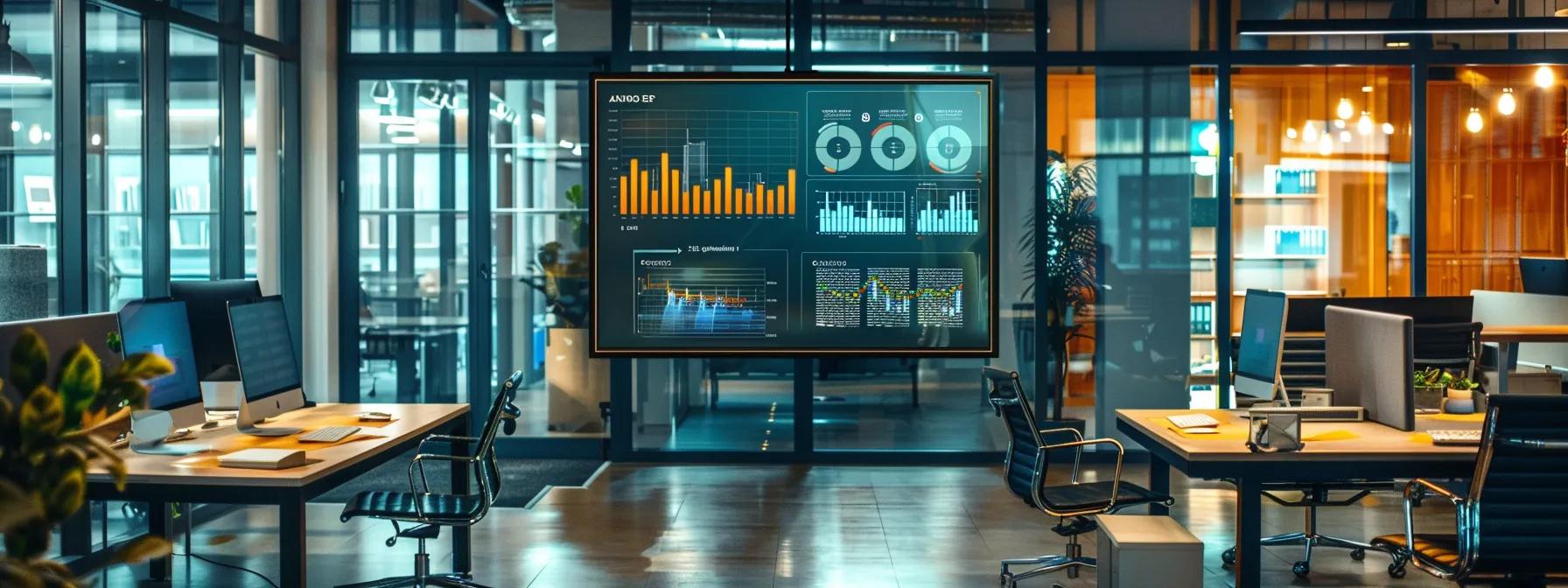 a dynamic office environment showcasing streamlined digital workflows with vibrant charts and graphs highlighting increased efficiency and reduced operational costs, bathed in warm, inviting lighting to convey productivity and innovation.