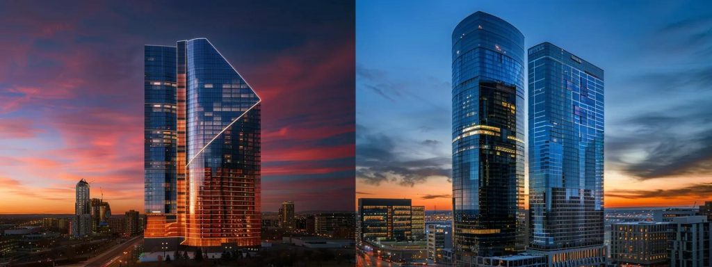 a dynamic skyline of edmonton illuminated at sunset, showcasing modern office buildings with contrasting elements of both custom app development and off-the-shelf solutions represented symbolically through sleek, innovative designs on left and standardized, recognizable structures on the right.