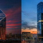 a dynamic skyline of edmonton illuminated at sunset, showcasing modern office buildings with contrasting elements of both custom app development and off-the-shelf solutions represented symbolically through sleek, innovative designs on left and standardized, recognizable structures on the right.