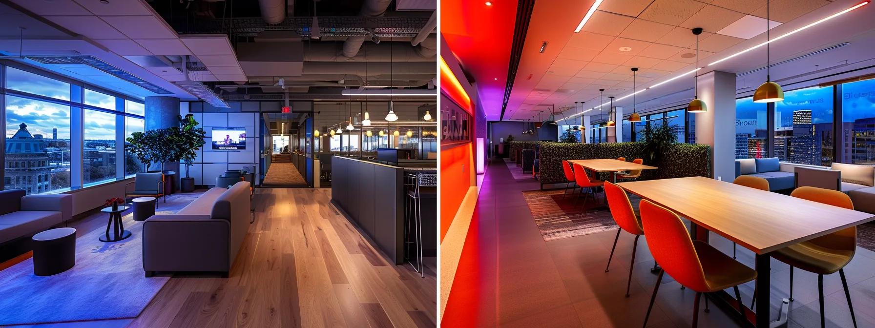 a dynamic split-image composition contrasting a vibrant, collaborative office environment of an in-house ai team with a sleek, modern consulting firm setting, both illuminated by soft, professional lighting to highlight the innovative atmosphere.