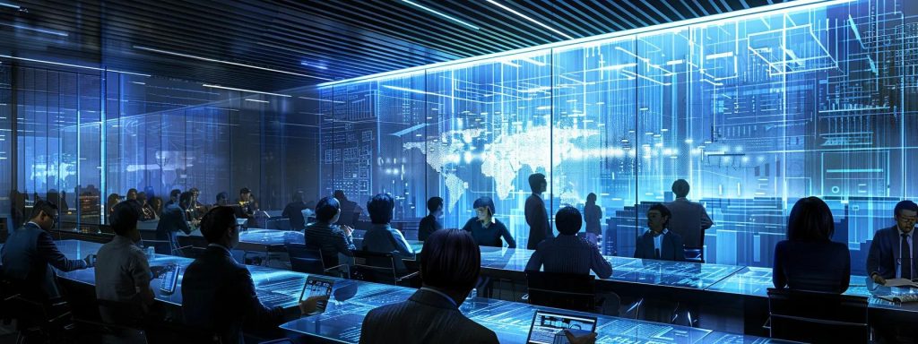 a futuristic conference room filled with diverse professionals intently discussing a transparent digital screen displaying intricate data visualizations and technical specifications of advanced deepseek llms, illuminated by soft, ambient lighting for a collaborative atmosphere.