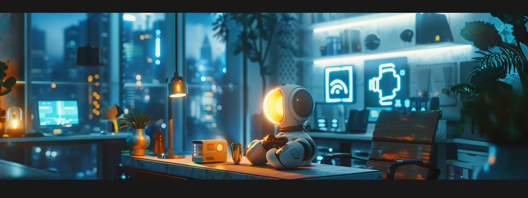 a futuristic scene depicting a sleek, glowing chatbot interface seamlessly integrating with a vibrant, dynamic workspace filled with human agents, symbolizing the harmonious coexistence of technology and personal service in customer support.