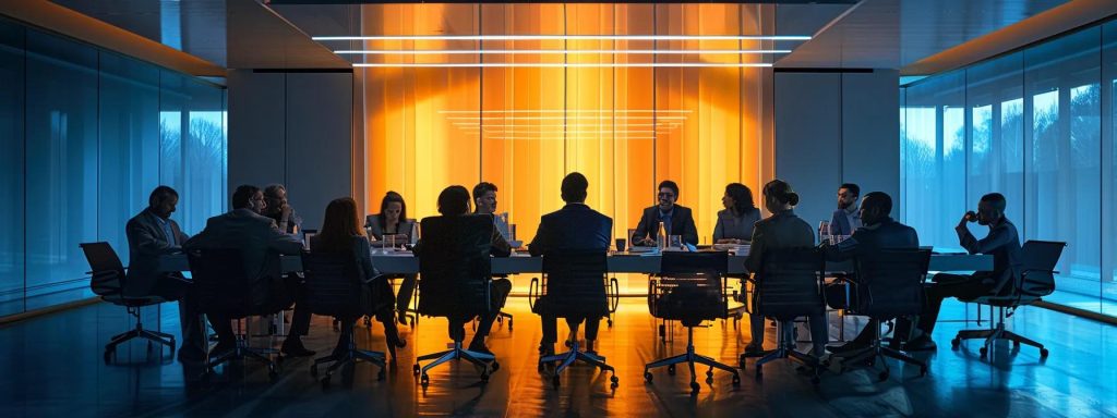 a sleek, futuristic boardroom illuminated by soft, ambient lighting, where a diverse group of business professionals engage in a dynamic discussion about the transformative impact of deepseek llms on market trends and ai-driven solutions.