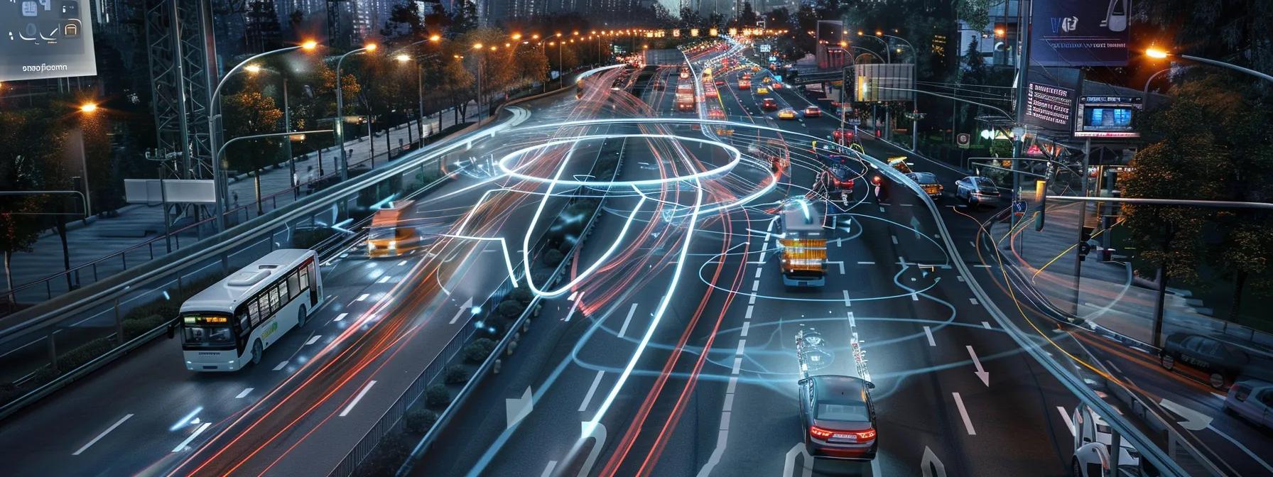 a sleek, modern cityscape at dusk showcases vibrant traffic flow, illuminated vehicles, and digital screens displaying transportation management software analytics, emphasizing the dynamic efficiency of urban transport systems.