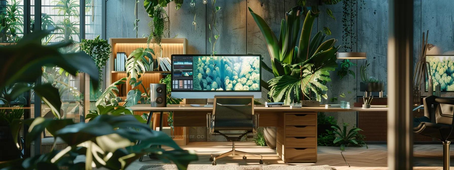 a sleek modern workspace bathed in natural light showcases a high-tech computer screen displaying a dynamic workflow automation interface, surrounded by minimalist decor and vibrant greenery, symbolizing efficiency and innovation.