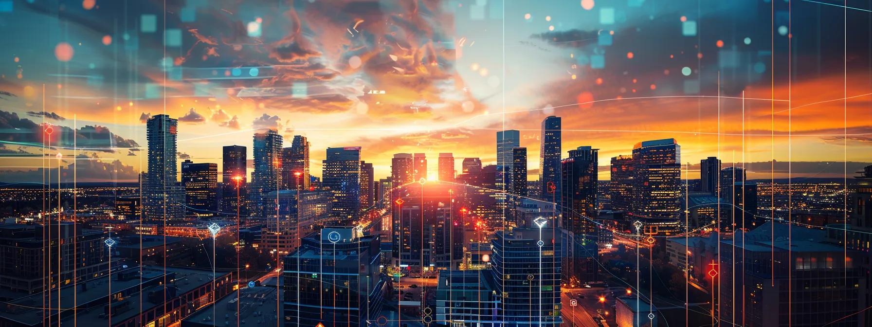 a vibrant city skyline of edmonton illuminated at sunset, showcasing modern architecture and dynamic app interfaces projected onto large screens, symbolizing innovative app development driving results.