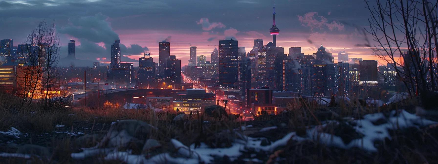 a vibrant skyline of calgary at dusk, illuminated by twinkling city lights, symbolizes the dynamic intersection of innovation and creativity in mobile app development.