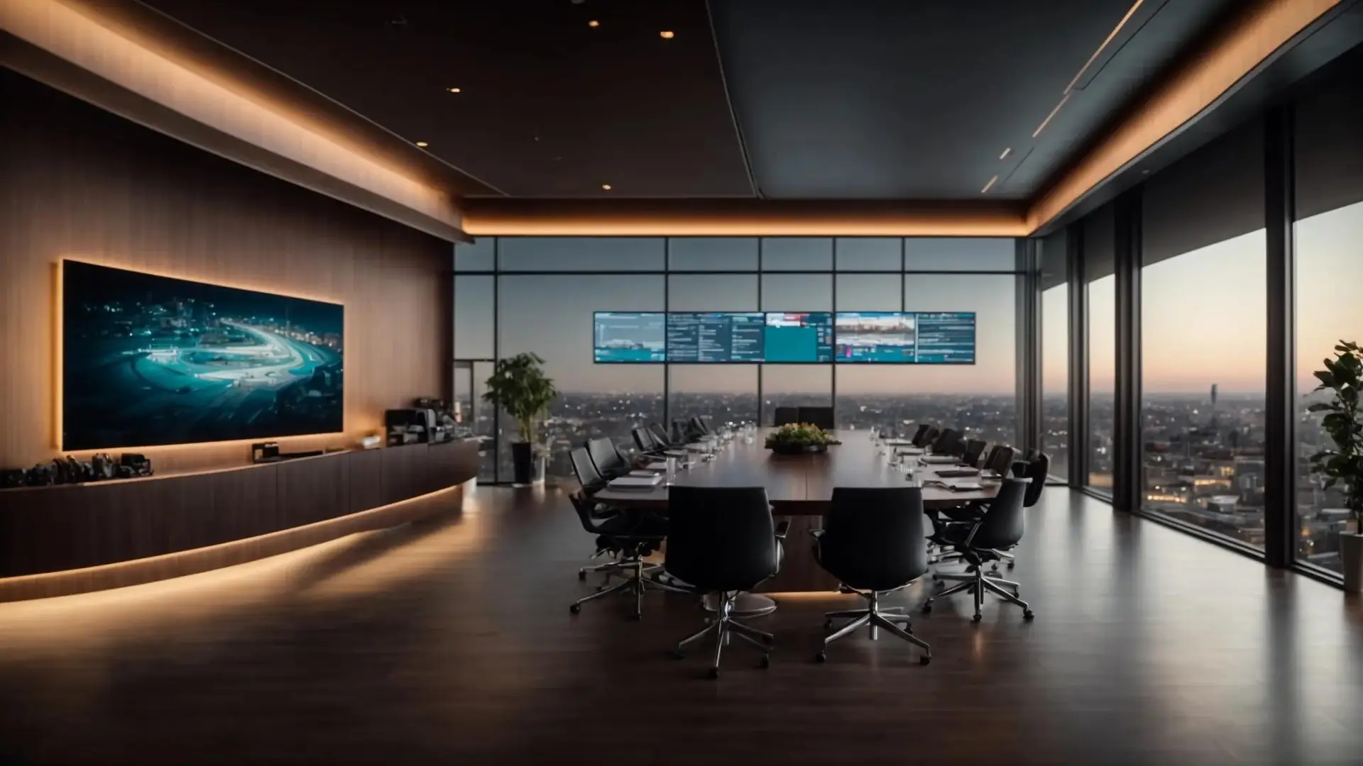 a sleek, modern boardroom illuminated by soft, ambient lighting, showcasing a dynamic digital presentation illustrating the seamless integration of automation into innovative business strategies.