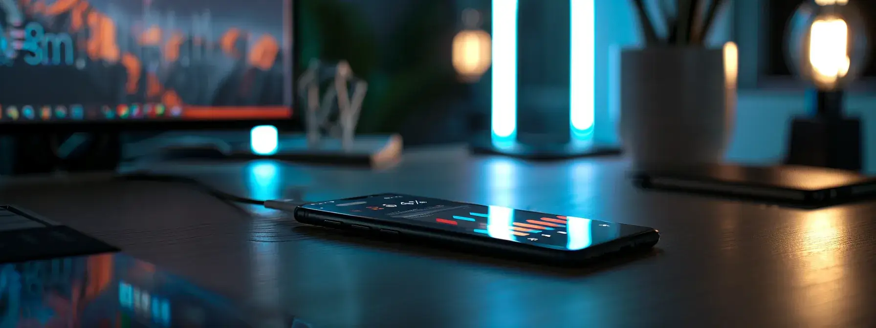 a sleek mobile device rests on a modern desk, displaying vibrant graphs and analytics related to a mobile app audit, illuminated by soft, focused lighting that highlights the importance of security and performance assessment.