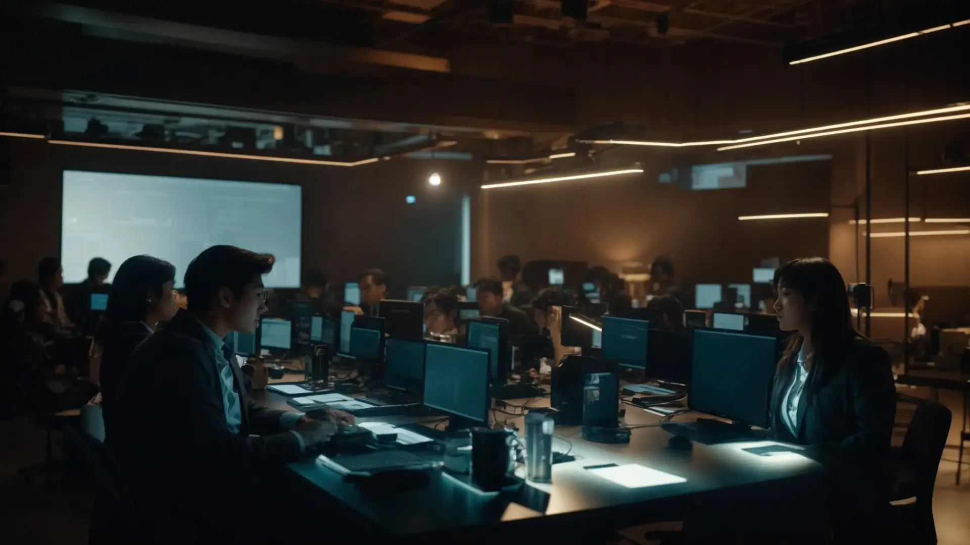 a dynamic scene depicting a focused team strategizing amidst digital devices and screens, illuminated by overhead lighting, symbolizing the challenges of a mobile app audit and the drive to innovate despite obstacles.