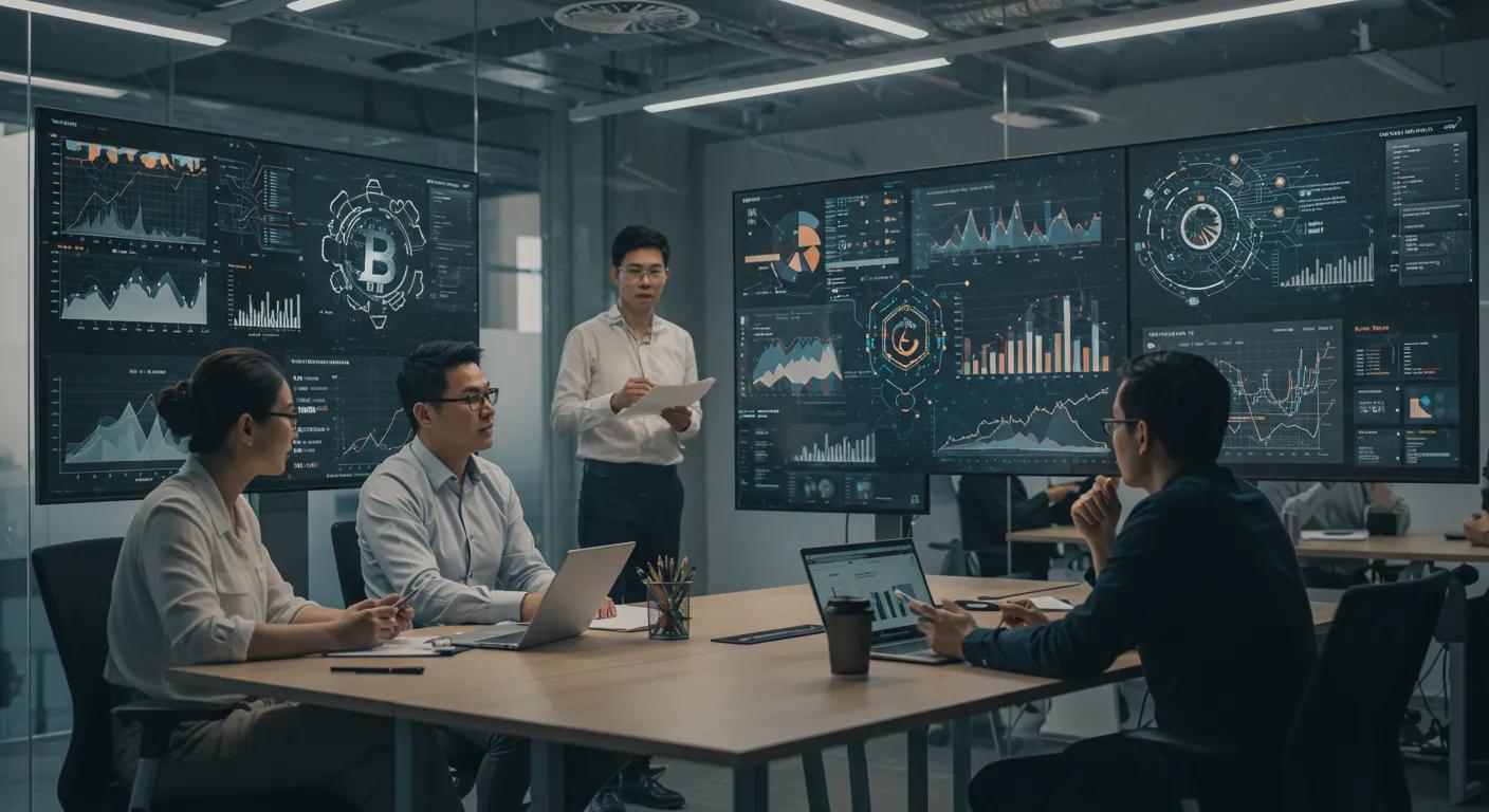 a dynamic office environment showcases diverse professionals engaging in discussions around digital screens displaying blockchain applications and tokenization charts, illustrating the transformative impact of blockchain technologies across various sectors.