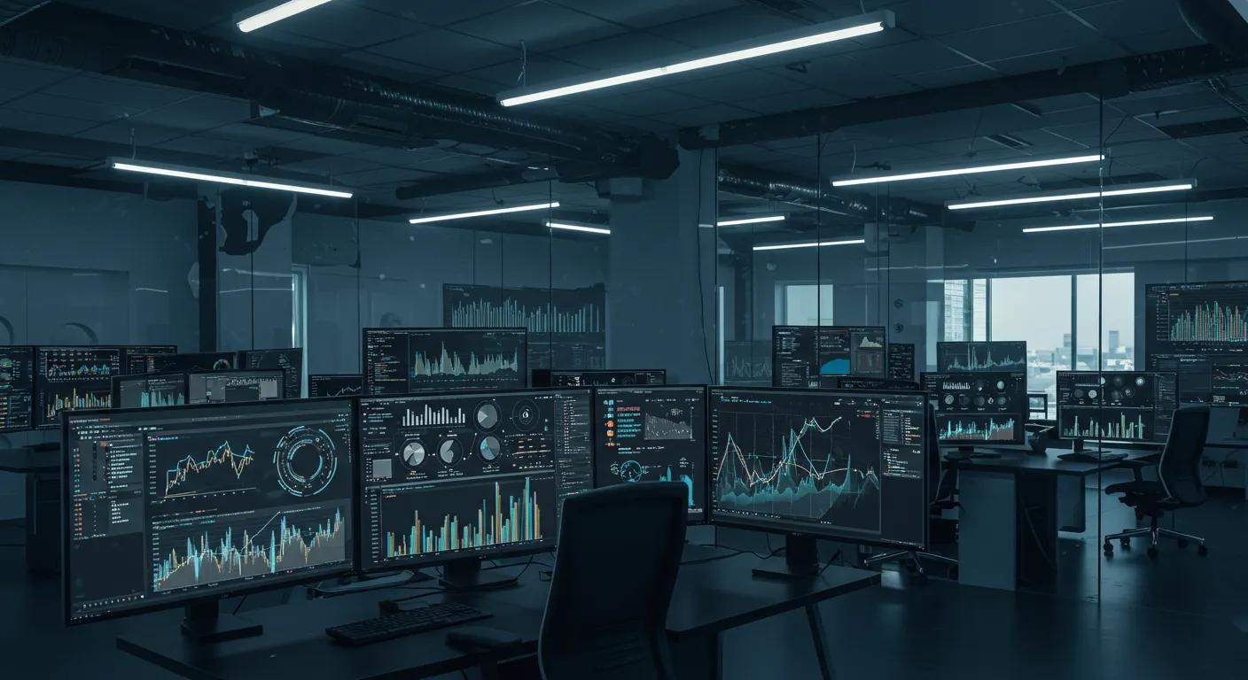 a sleek, modern office filled with high-tech screens displaying dynamic graphs and blockchain networks, showcasing the future integration of tokenized real-world assets.