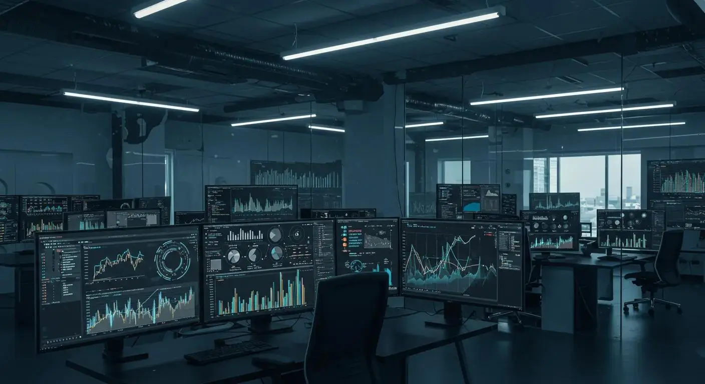 a sleek, modern office filled with high-tech screens displaying dynamic graphs and blockchain networks, showcasing the future integration of tokenized real-world assets.
