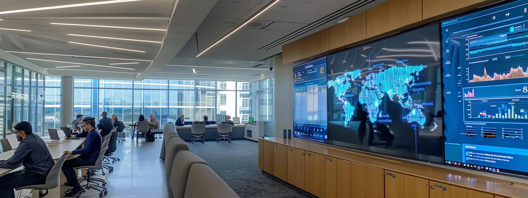 a modern office environment showcases a large digital display illustrating blockchain technology graphs and real estate tokenization models, with professionals engaged in dynamic discussions about supply chain management.