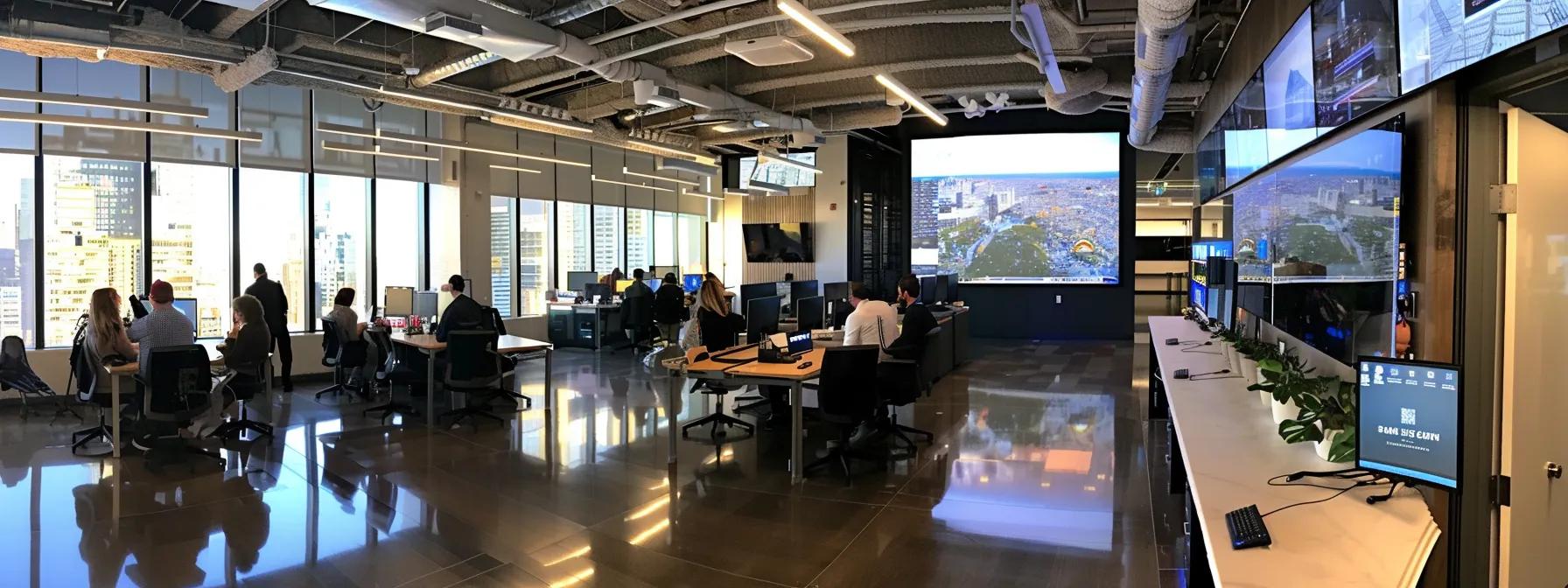 a sleek, modern office filled with high-tech screens and digital displays showcases a diverse team engaged in a focused discussion, symbolizing the complexities and challenges of integrating blockchain technology with real-world assets.