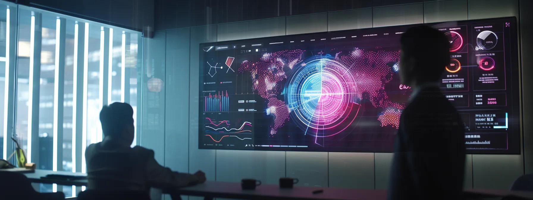 a sleek, modern office interior features a large screen displaying a vibrant infographic comparing ai-generated applications and custom coding, while a professional discusses insights with colleagues in deep conversation.