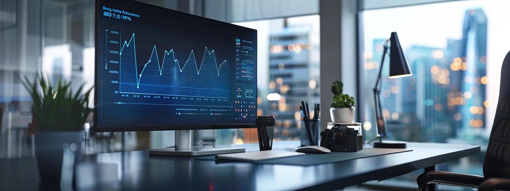 a sleek, modern office workspace showcases a large screen displaying a dynamic graph illustrating scalability and performance metrics of ai-generated mobile apps, with sophisticated technology gadgets arranged neatly on a minimalist desk.