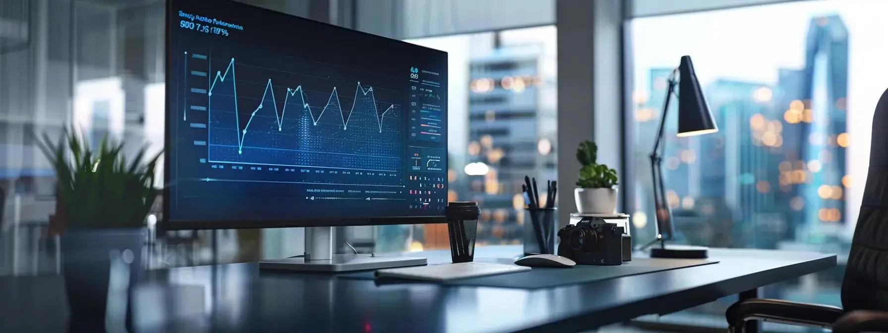 a sleek, modern office workspace showcases a large screen displaying a dynamic graph illustrating scalability and performance metrics of ai-generated mobile apps, with sophisticated technology gadgets arranged neatly on a minimalist desk.