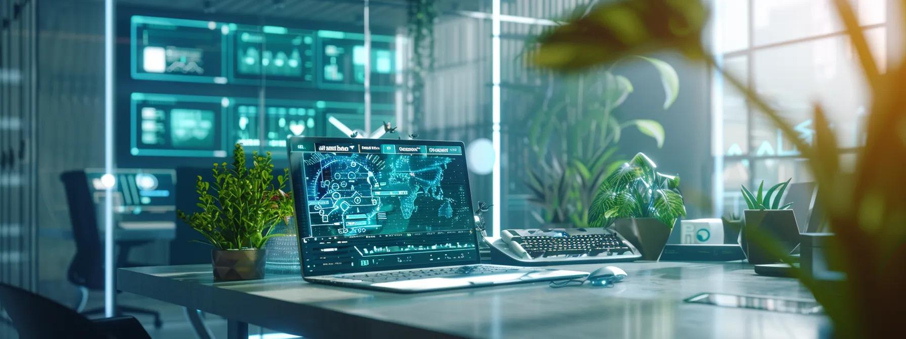 a sleek, modern office workspace showcases a vibrant digital interface on a laptop screen, symbolizing the revolutionary impact of the solana mobile app kit on web3 adoption, with immersive graphics highlighting blockchain technology integration.