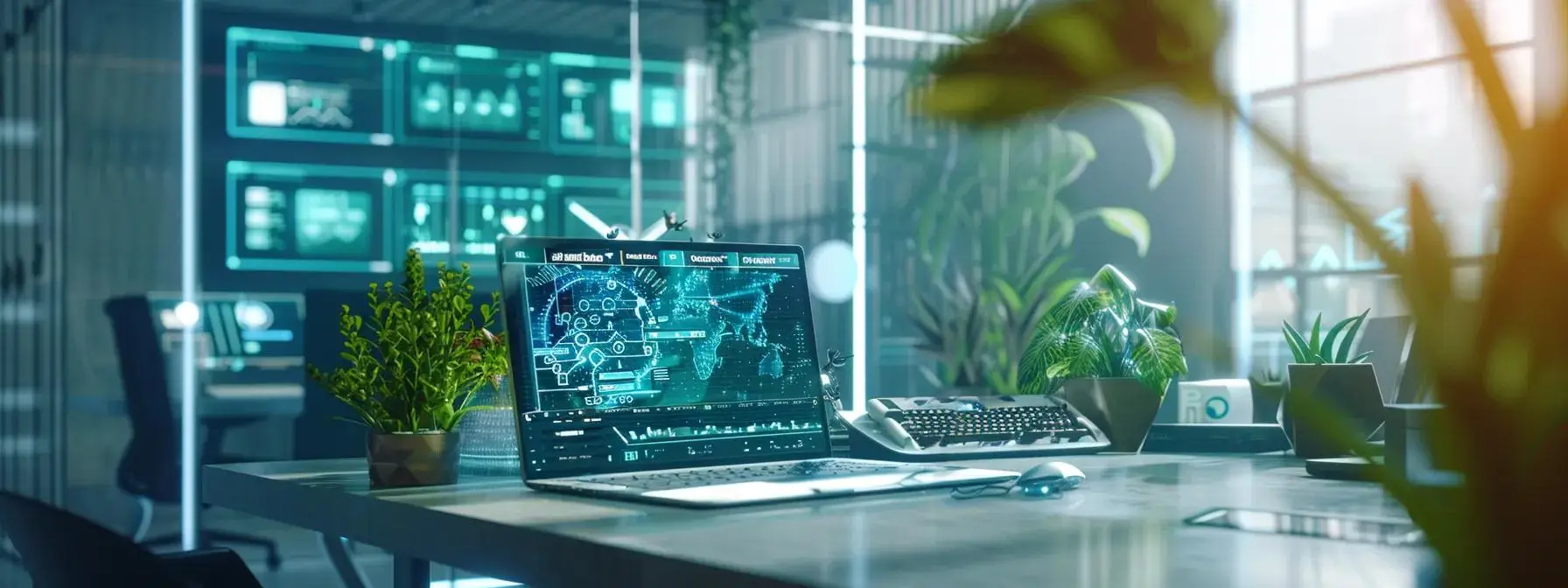a sleek, modern office workspace showcases a vibrant digital interface on a laptop screen, symbolizing the revolutionary impact of the solana mobile app kit on web3 adoption, with immersive graphics highlighting blockchain technology integration.