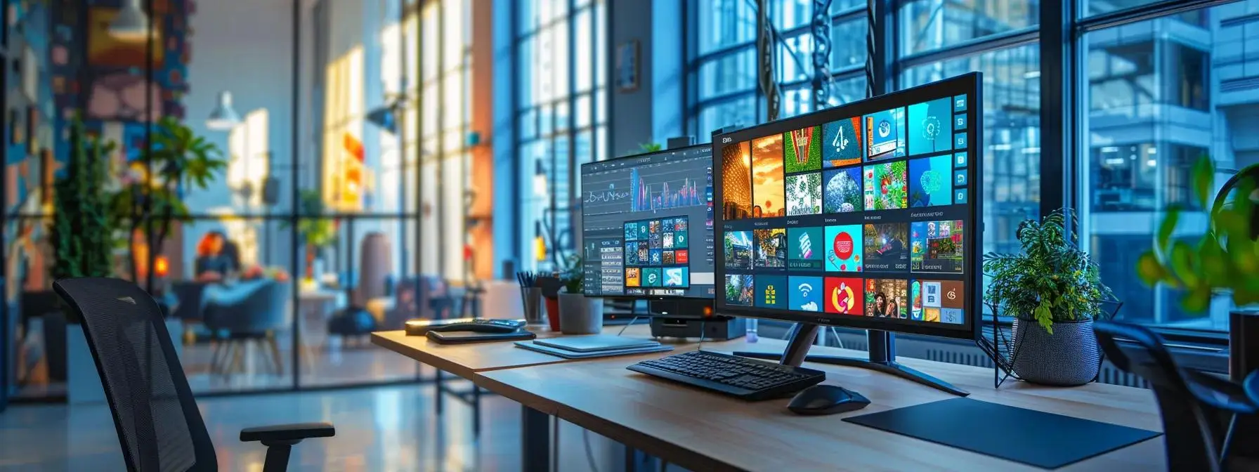 a sleek, modern office workspace showcases a split-screen display of vibrant mobile app interfaces on one side and a contrasting list of pros and cons on the other, emphasizing the dynamic discussion around ai-generated mobile applications.