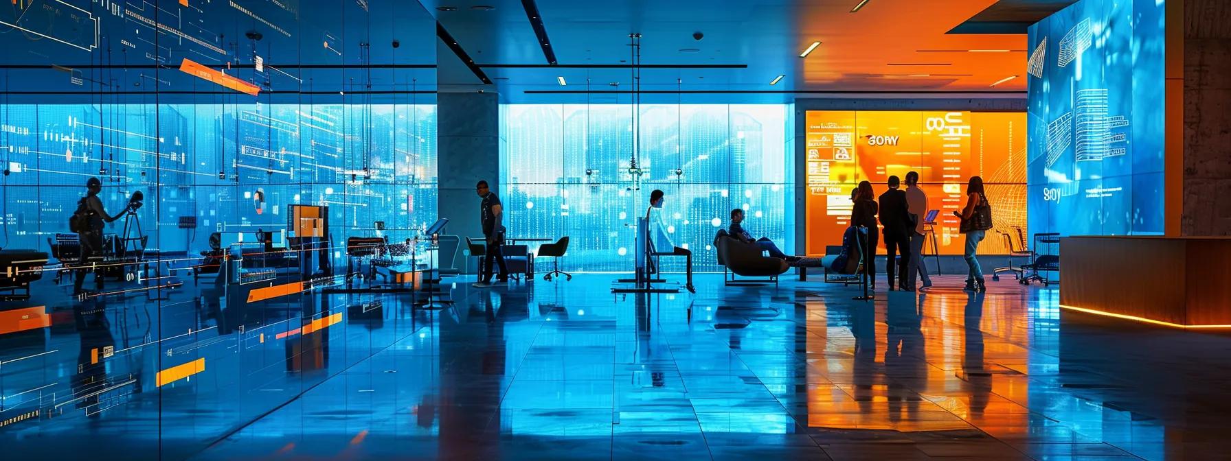 a sleek office space showcases professionals engaging with futuristic mobile devices, illuminated by vibrant screens displaying blockchain networks, symbolizing the transformative impact of the solana mobile app kit on web3 interactions.