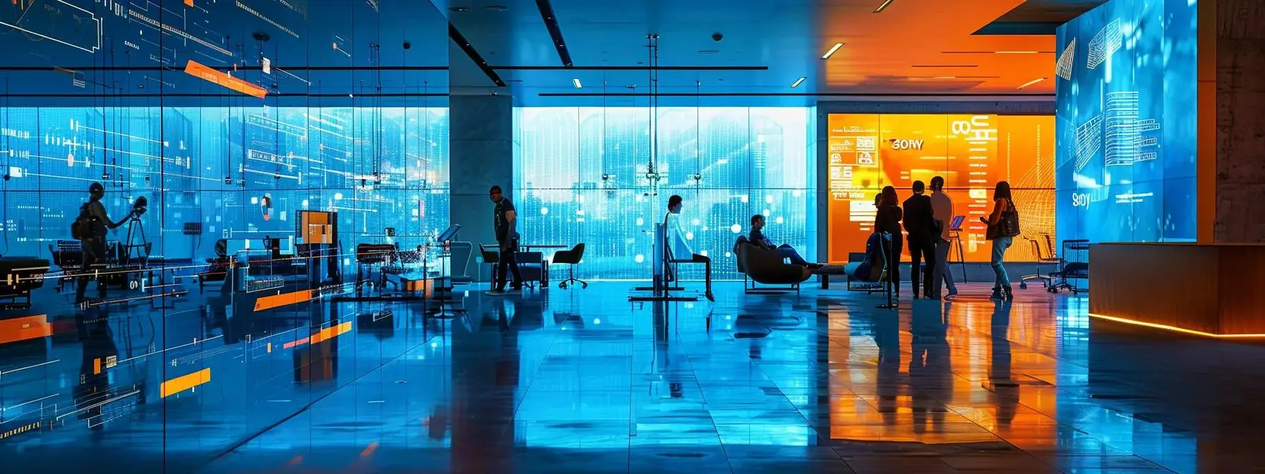 a sleek office space showcases professionals engaging with futuristic mobile devices, illuminated by vibrant screens displaying blockchain networks, symbolizing the transformative impact of the solana mobile app kit on web3 interactions.