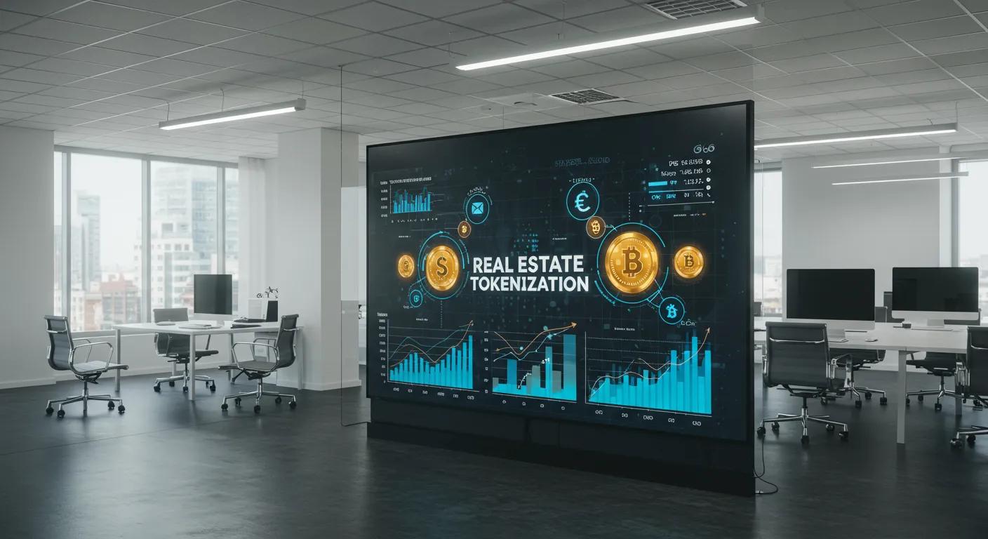 a sleek, modern office space showcases a digital display illustrating the concept of real estate tokenization, with vibrant graphs and virtual tokens symbolizing fractional ownership, creating an atmosphere of innovation and opportunity for investors.