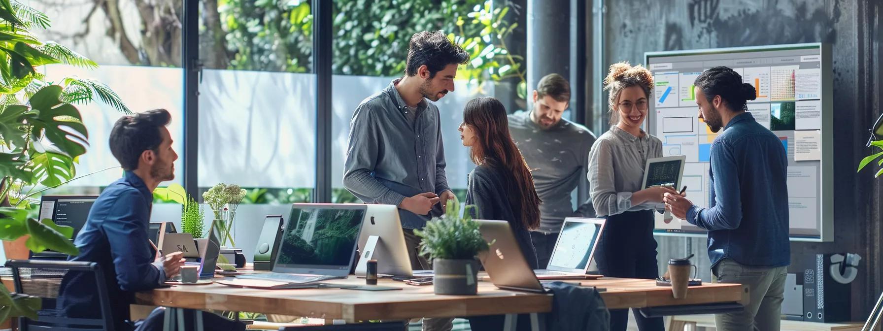 a dynamic office environment showcases a diverse team collaborating around sleek laptops and digital screens, immersed in the innovative process of developing applications using the solana mobile kit.