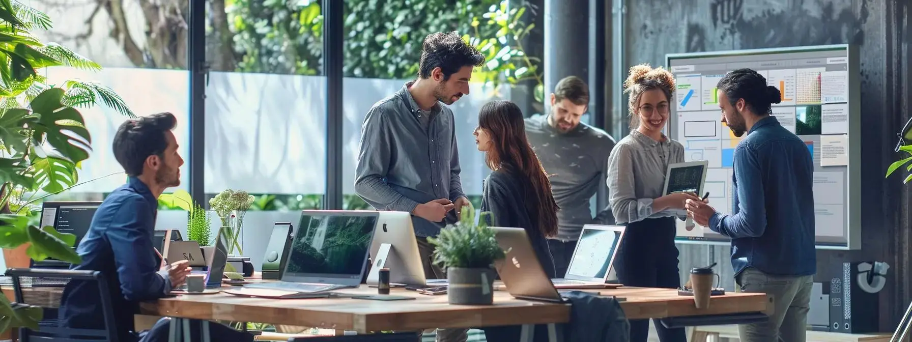 a dynamic office environment showcases a diverse team collaborating around sleek laptops and digital screens, immersed in the innovative process of developing applications using the solana mobile kit.