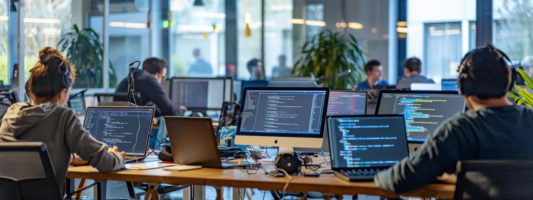 a dynamic office environment buzzes with activity as developers collaborate over sleek laptops displaying vibrant coding interfaces, symbolizing the cutting-edge technologies driving custom web app solutions.