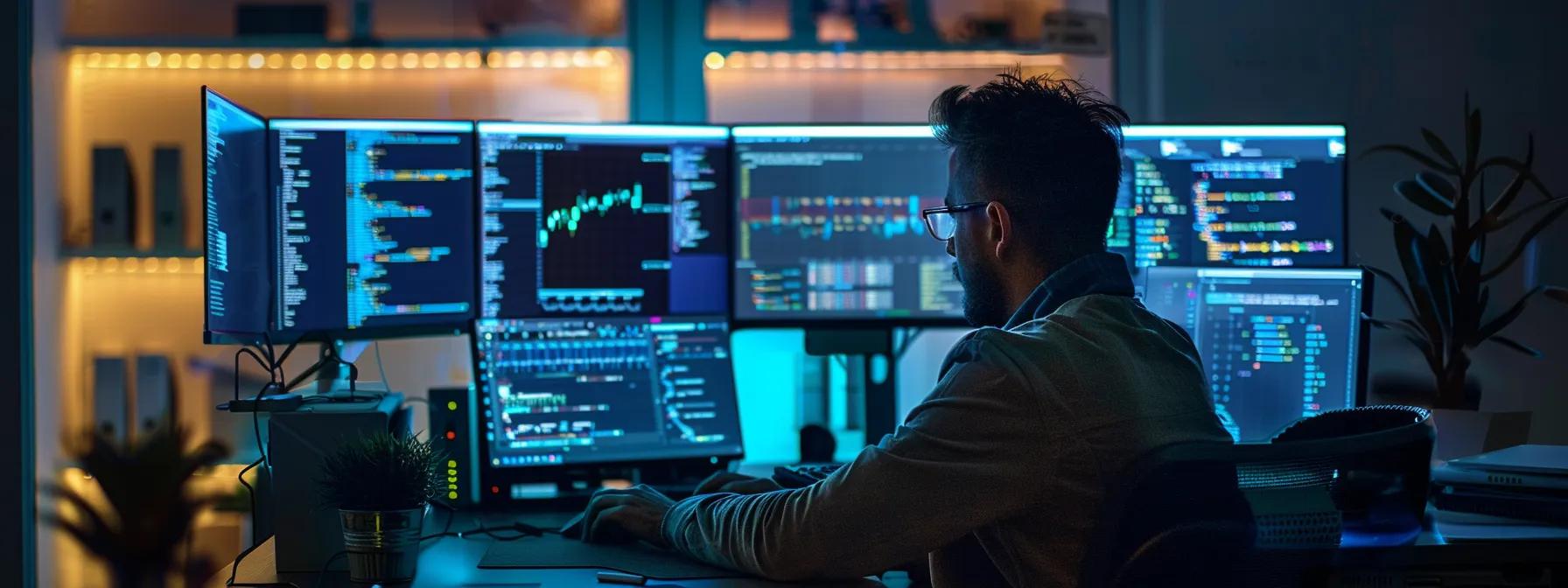 a focused developer, surrounded by multiple screens displaying intricate code and user interface designs, analyzes data in a modern office, embodying the drive to overcome challenges with the solana mobile kit.