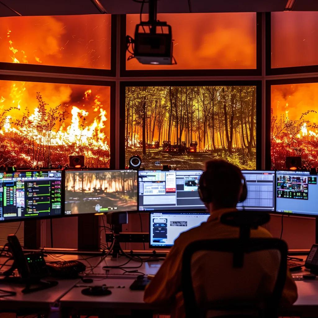 a high-tech control room filled with multiple screens displaying real-time data and vivid imagery of a forest fire monitored by computer vision technology, showcasing cutting-edge surveillance and analytical advances in fire detection.