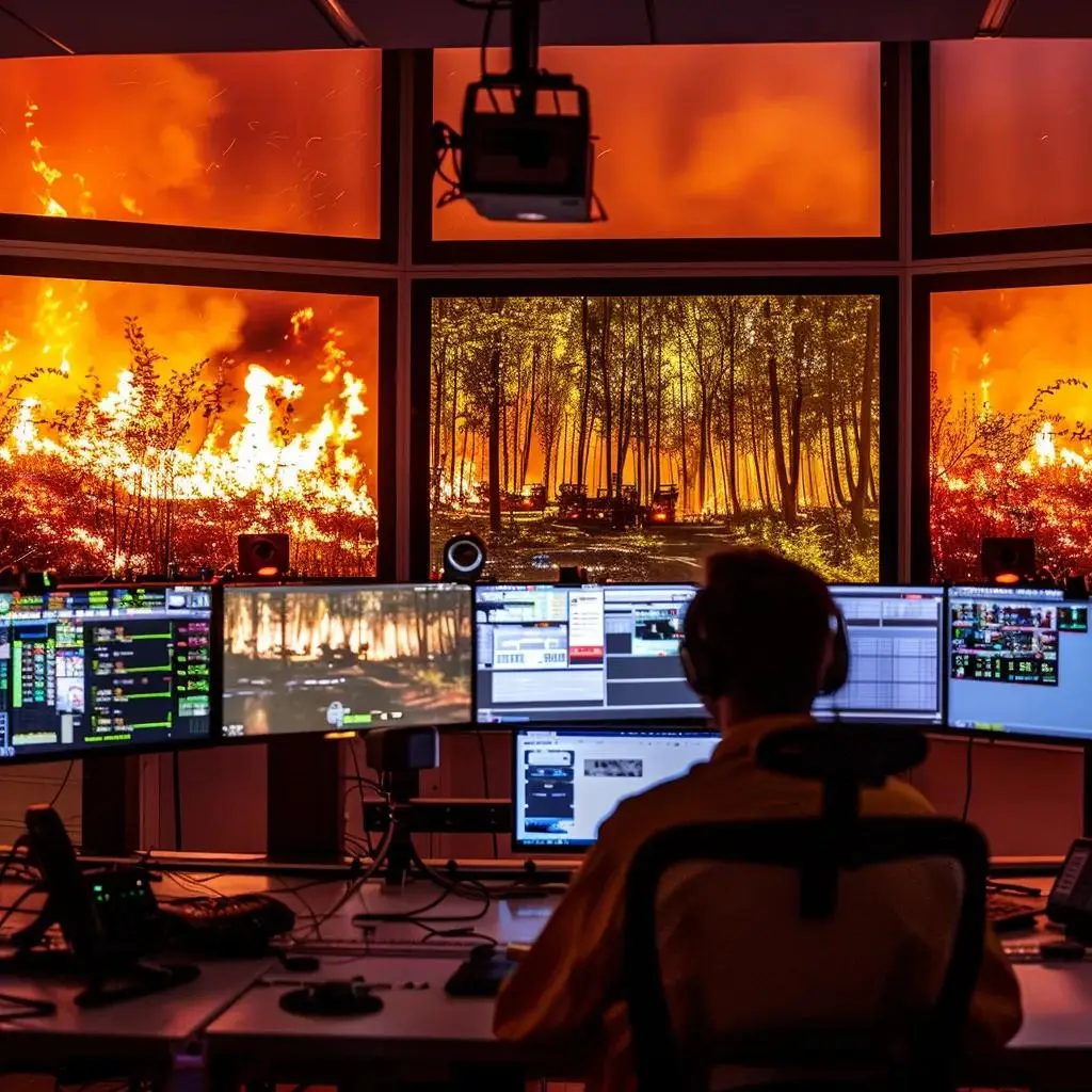a high-tech control room filled with multiple screens displaying real-time data and vivid imagery of a forest fire monitored by computer vision technology, showcasing cutting-edge surveillance and analytical advances in fire detection.