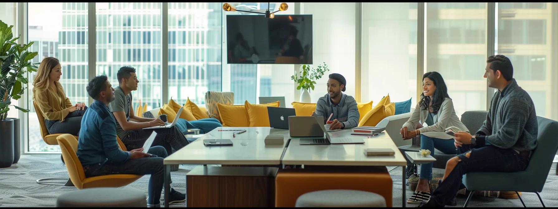 a modern office environment showcases a diverse team engaged in a collaborative discussion around sleek laptops and digital devices, highlighting the transformative potential of custom web app solutions for business success.