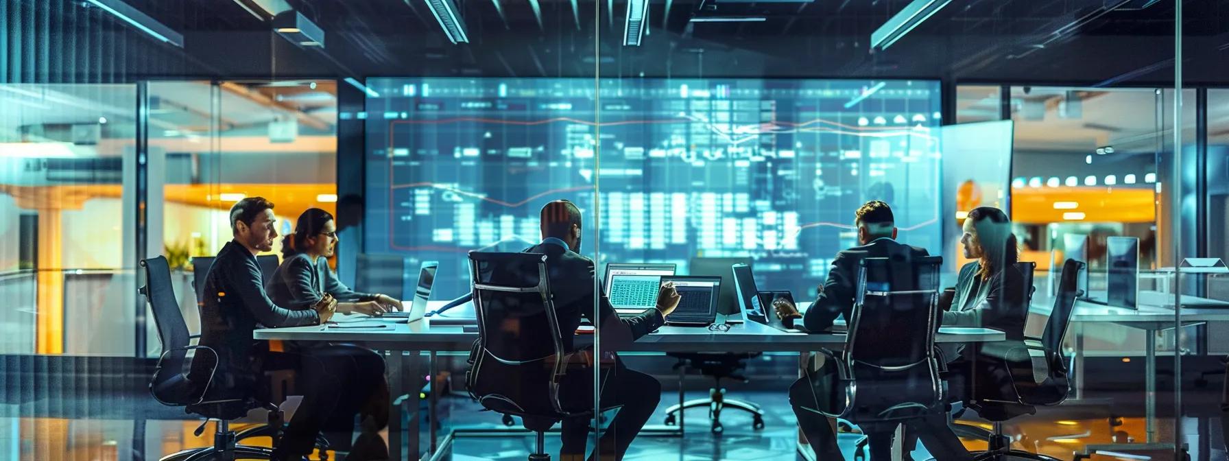 a modern office filled with engaged professionals around a sleek conference table, analyzing data on high-tech screens while discussing strategic ai integration opportunities, illuminated by sharp artificial lighting that emphasizes their focused expressions.