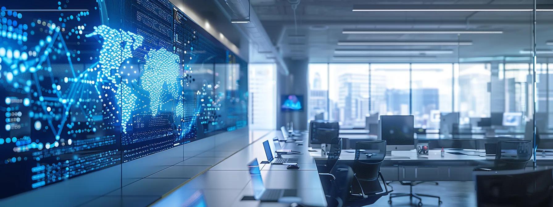 a sleek, futuristic office space features a large digital display showcasing vibrant graphics of custom web app solutions powered by artificial intelligence and machine learning, with a modern, minimalist design that emphasizes innovation and technology.