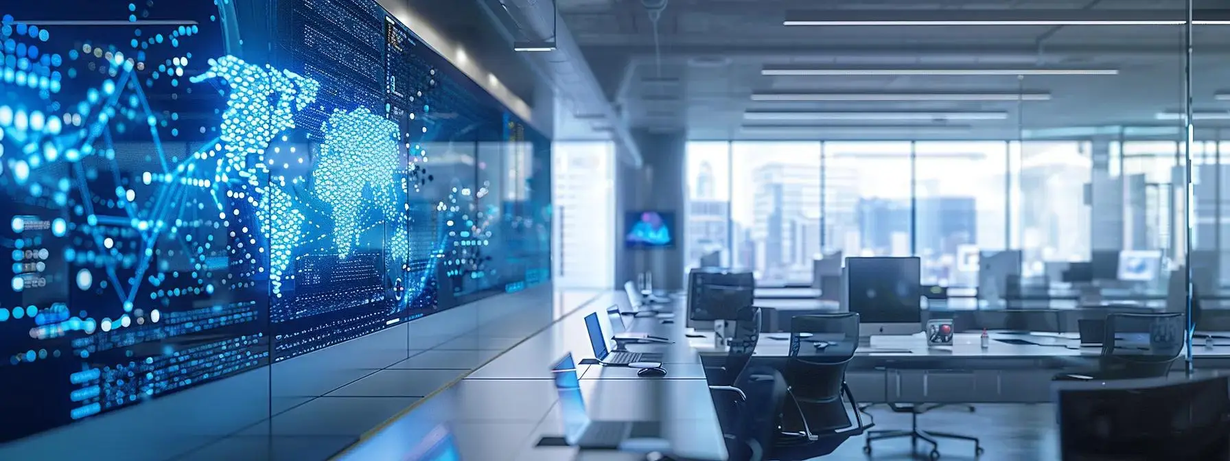 a sleek, futuristic office space features a large digital display showcasing vibrant graphics of custom web app solutions powered by artificial intelligence and machine learning, with a modern, minimalist design that emphasizes innovation and technology.