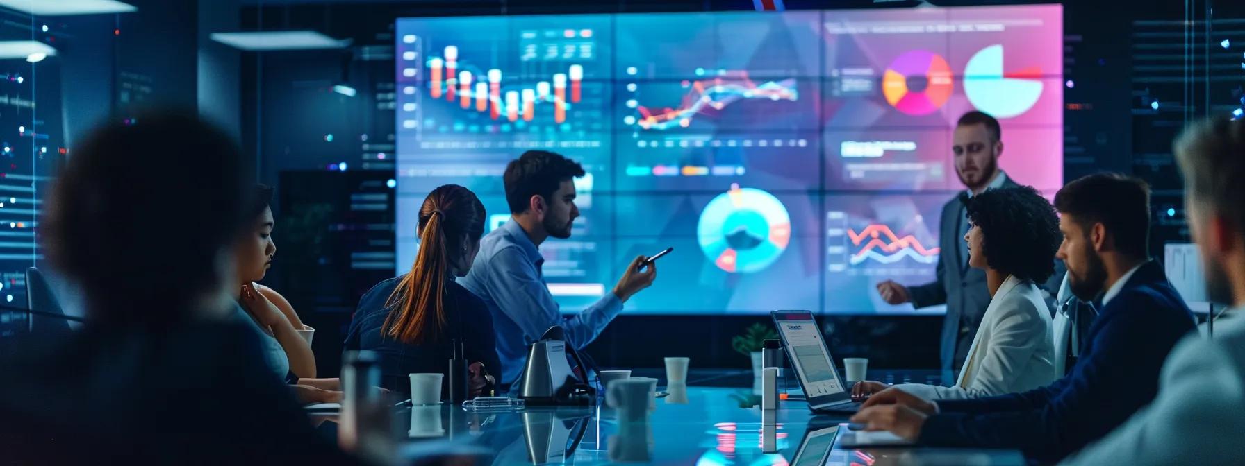 a sleek, modern conference room, illuminated by soft overhead lighting, showcases a large digital screen displaying a vibrant ai strategy proposal, while diverse professionals intensely collaborate around a polished glass table scattered with colorful charts and strategic roadmaps.