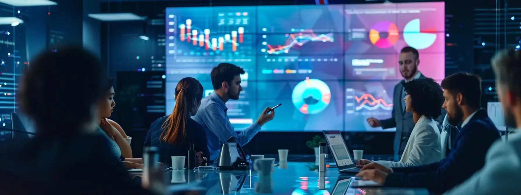 a sleek, modern conference room, illuminated by soft overhead lighting, showcases a large digital screen displaying a vibrant ai strategy proposal, while diverse professionals intensely collaborate around a polished glass table scattered with colorful charts and strategic roadmaps.