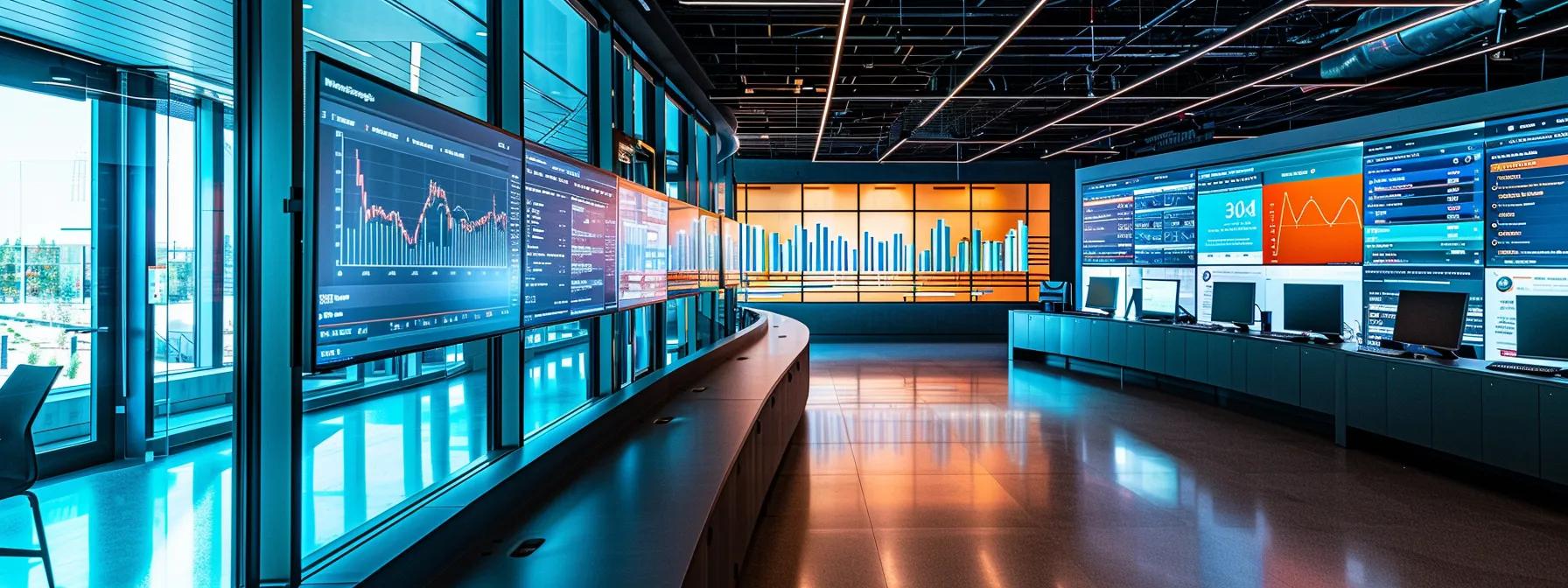 a sleek, modern office space filled with vibrant screens displaying dynamic web app dashboards, showcasing real-time data analytics and business growth metrics, illuminated by bright, focused lighting.