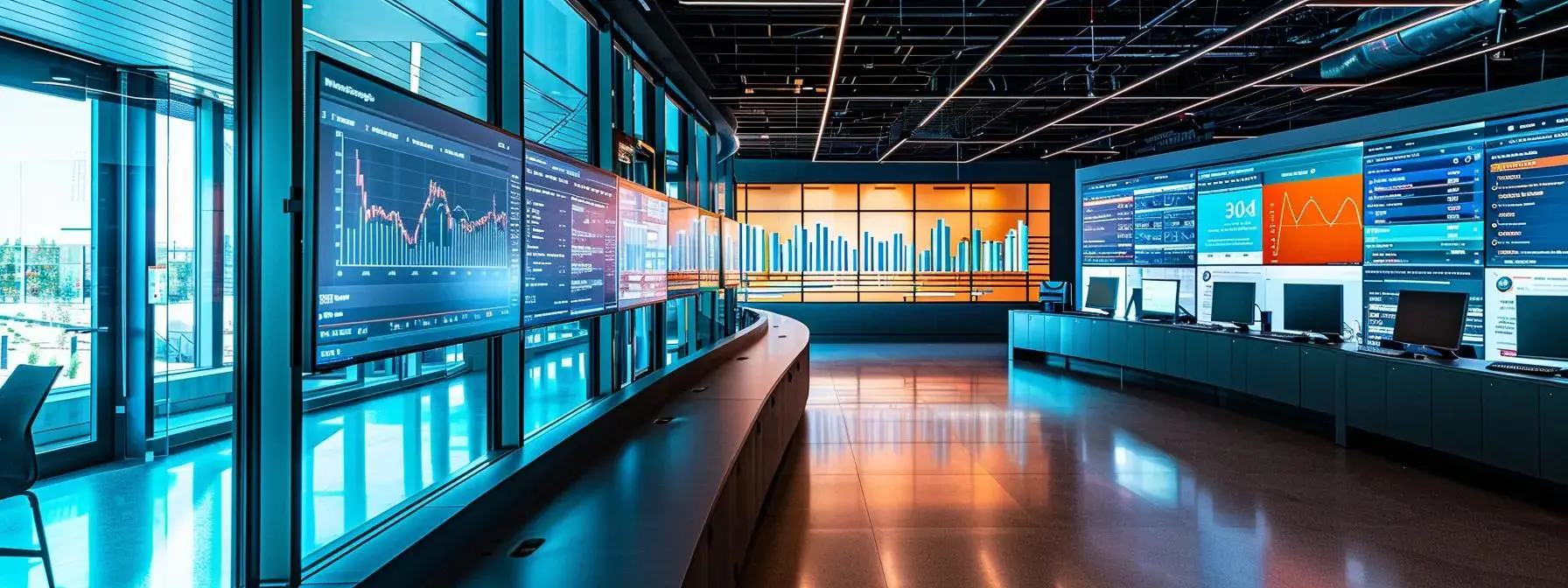 a sleek, modern office space filled with vibrant screens displaying dynamic web app dashboards, showcasing real-time data analytics and business growth metrics, illuminated by bright, focused lighting.