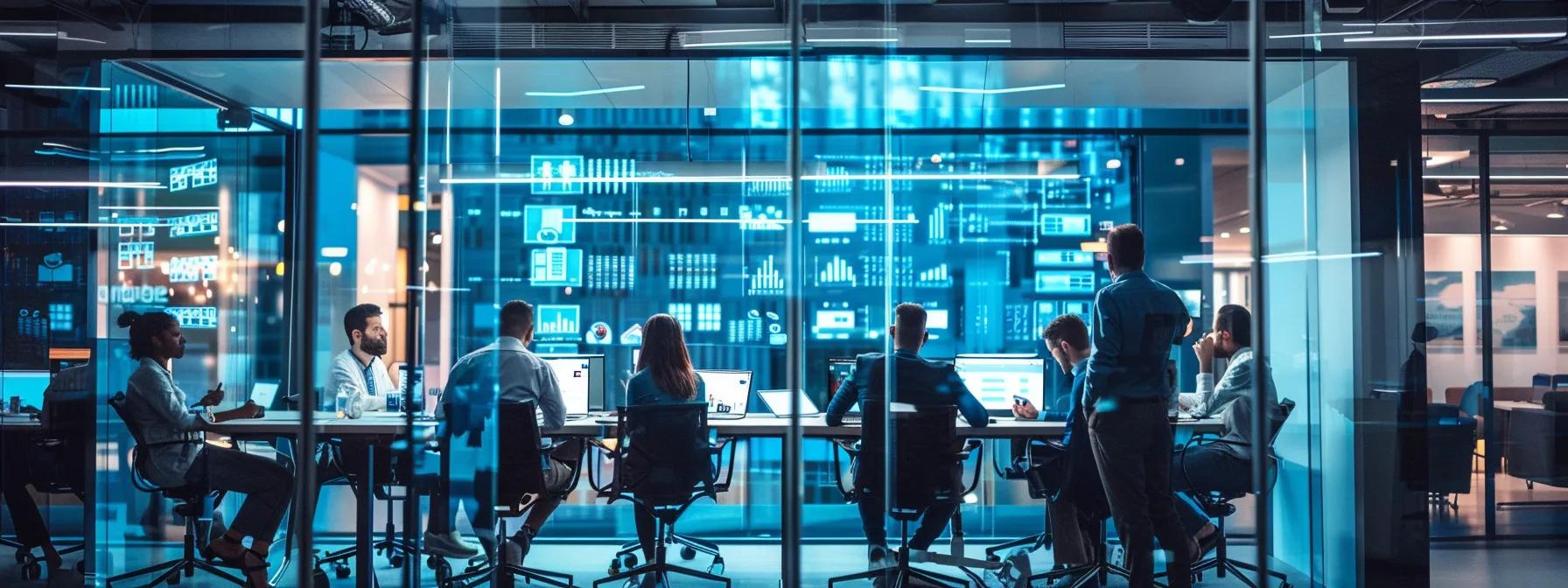 a sleek, modern office environment showcases a team of diverse professionals collaborating around a large table filled with digital devices, vibrant screens displaying custom web app solutions, and high-tech brainstorming boards, all under bright, focused lighting that emphasizes innovation and teamwork.