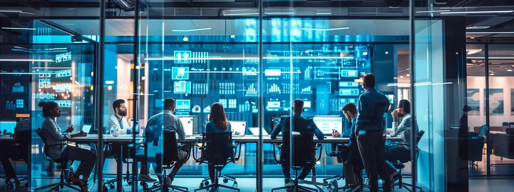 a sleek, modern office environment showcases a team of diverse professionals collaborating around a large table filled with digital devices, vibrant screens displaying custom web app solutions, and high-tech brainstorming boards, all under bright, focused lighting that emphasizes innovation and teamwork.