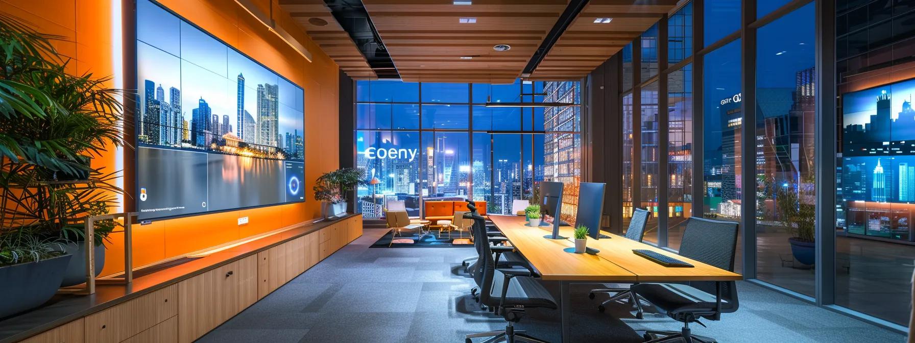 a sleek, modern office workspace features a large digital display showcasing diverse applications developed with the solana mobile kit, emphasizing innovation and technological versatility in a stylish urban environment.