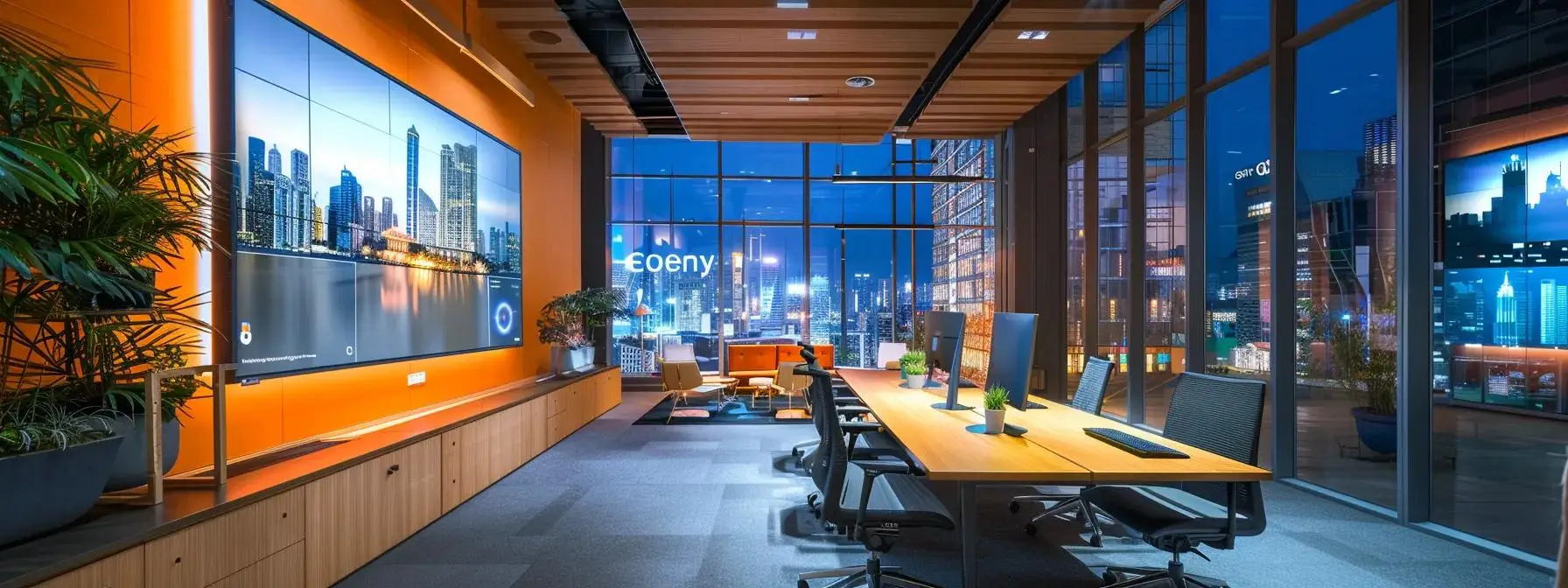 a sleek, modern office workspace features a large digital display showcasing diverse applications developed with the solana mobile kit, emphasizing innovation and technological versatility in a stylish urban environment.
