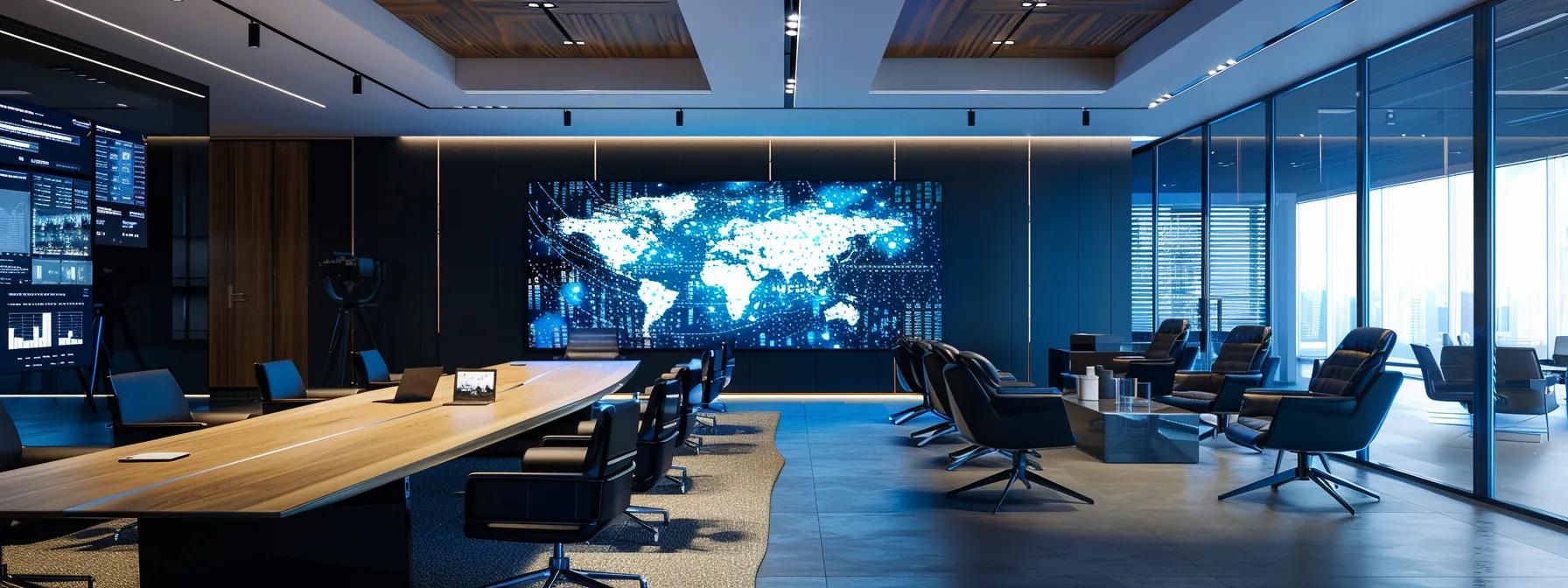 a sleek, modern office with a large digital display showcasing an interactive ai strategy map, illuminated by dramatic, focused lighting that highlights the strategic discussions among a diverse group of business leaders gathered around a contemporary conference table.