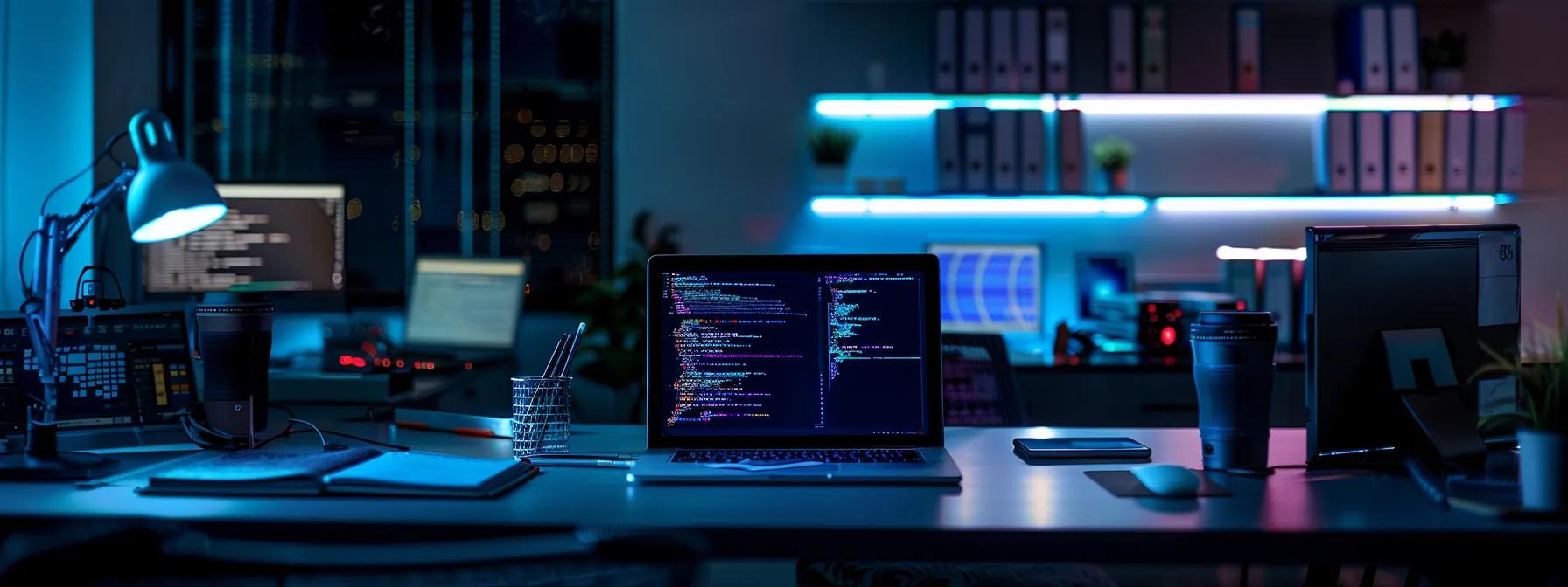 a sleek, modern office workstation is illuminated by soft, focused light, showcasing a high-tech laptop open to a vibrant coding interface, surrounded by multiple devices representing the solana mobile kit in a tidy, organized manner.